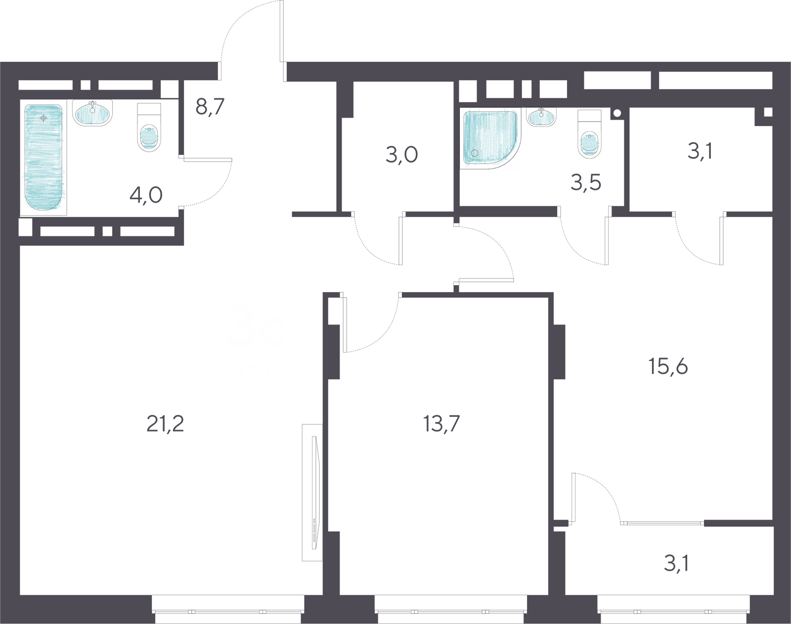 3-комнатная квартира 73.4м2 ЖК Ясный берег