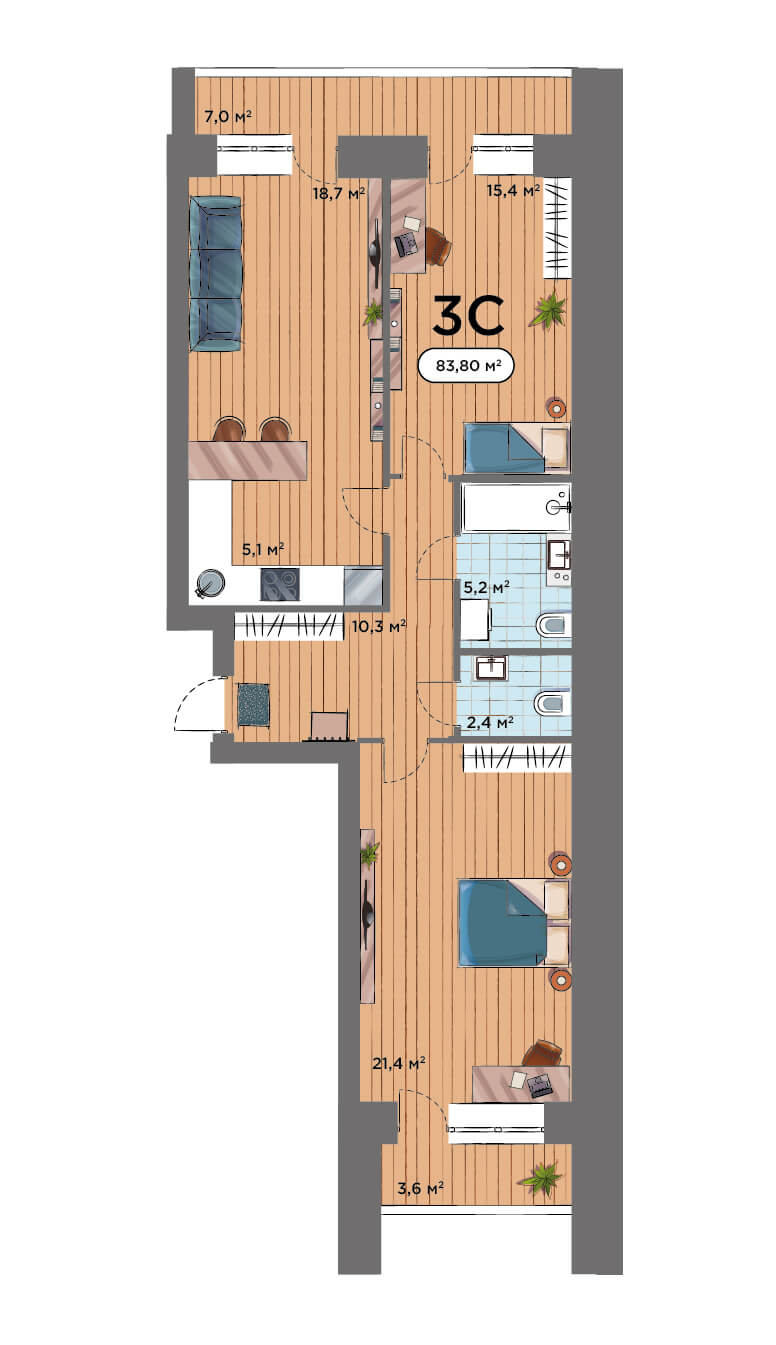 3-комнатная квартира 83.8м2 ЖК Smart Park