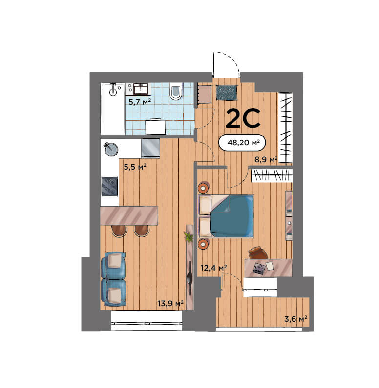 2-комнатная квартира 48.2м2 ЖК Smart Park