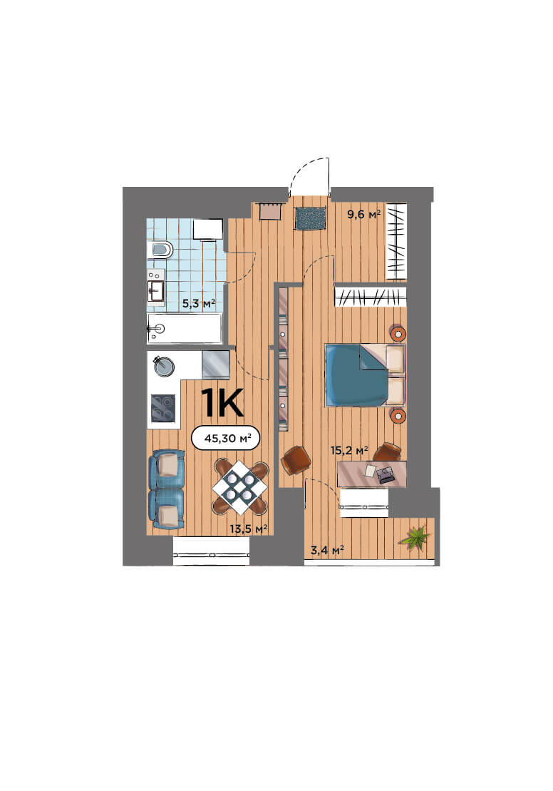 1-комнатная квартира 45.3м2 ЖК Smart Park