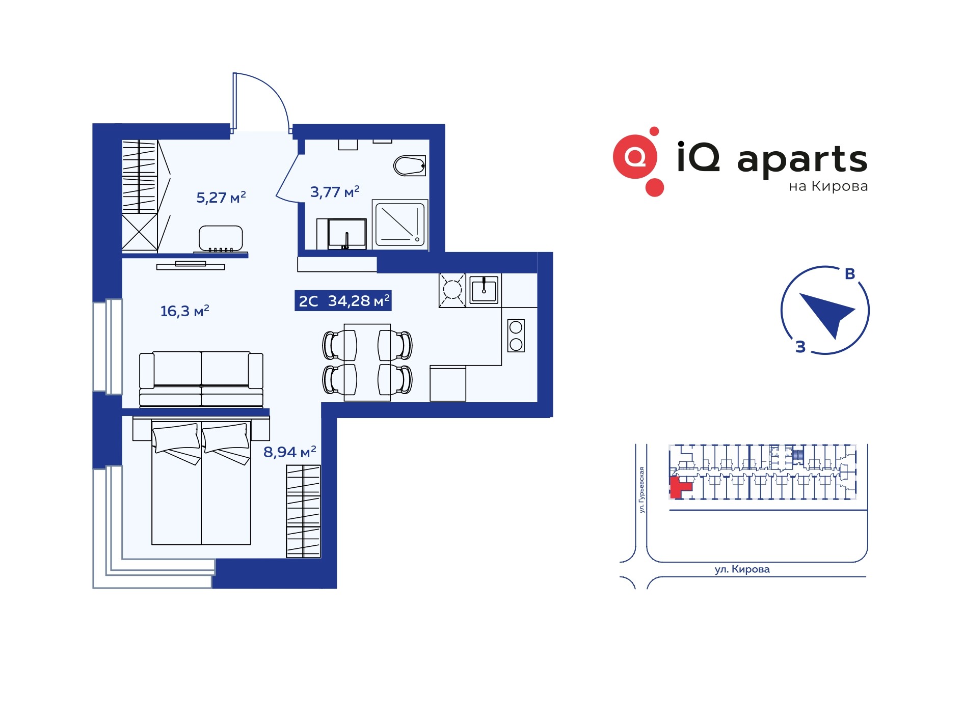 2-комнатная квартира 33.92м2 ЖК IQ Aparts