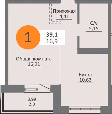 1-комнатная квартира 36.3м2 ЖК Облака 2