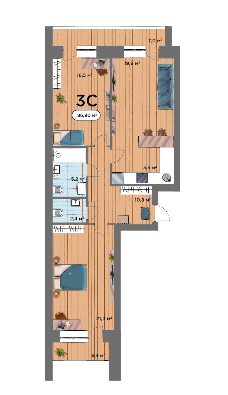 3-комнатная квартира 86.9м2 ЖК Smart Park