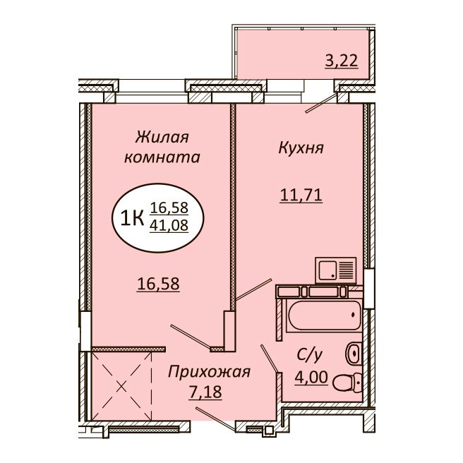 1-комнатная квартира 41.08м2 ЖК Авиастроителей