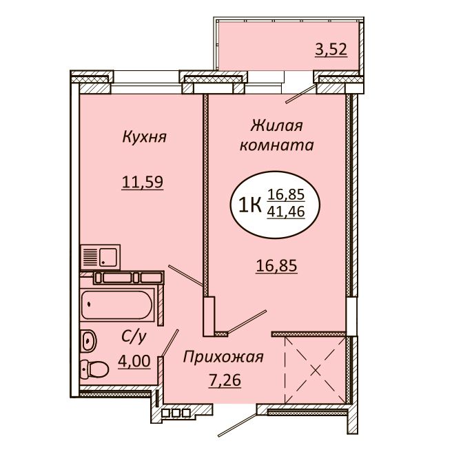 1-комнатная квартира 41.46м2 ЖК Авиастроителей