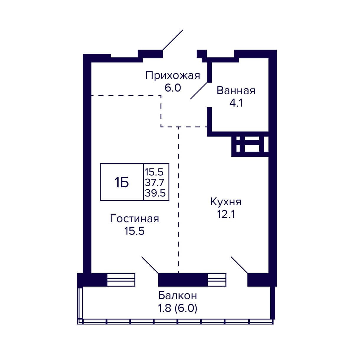 1-комнатная квартира 39.5м2 ЖК Grando