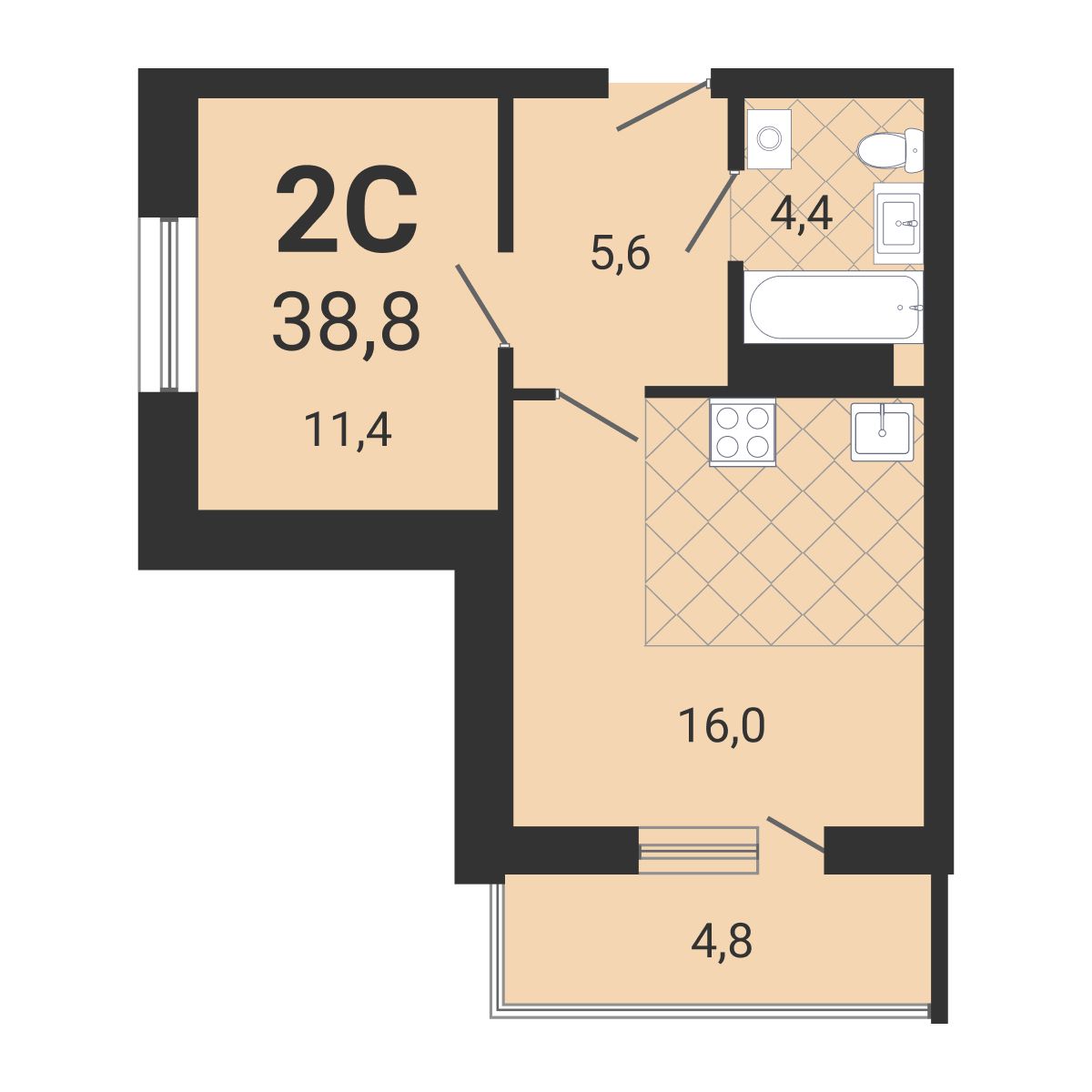 2-комнатная квартира 38.8м2 ЖК Тетрис