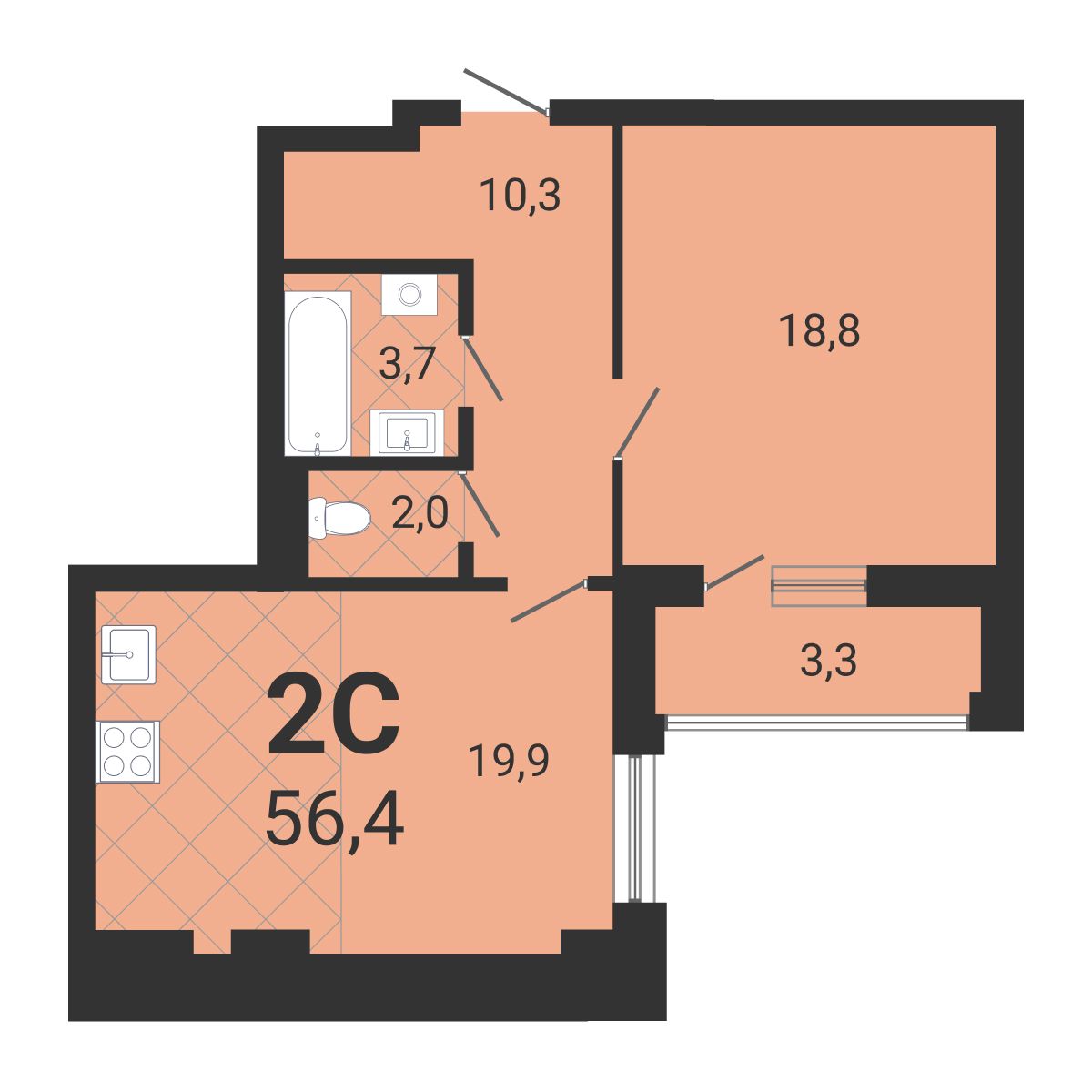 2-комнатная квартира 56.4м2 ЖК Тетрис