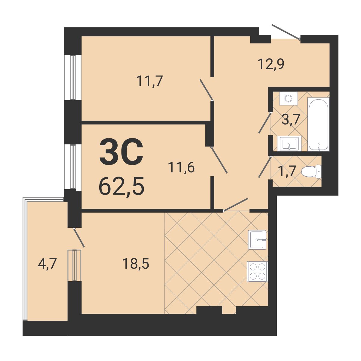 3-комнатная квартира 62.5м2 ЖК Тетрис