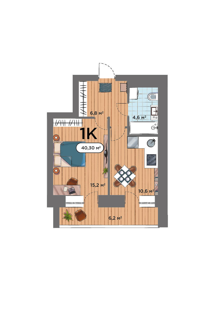 1-комнатная квартира 40.3м2 ЖК Smart Park