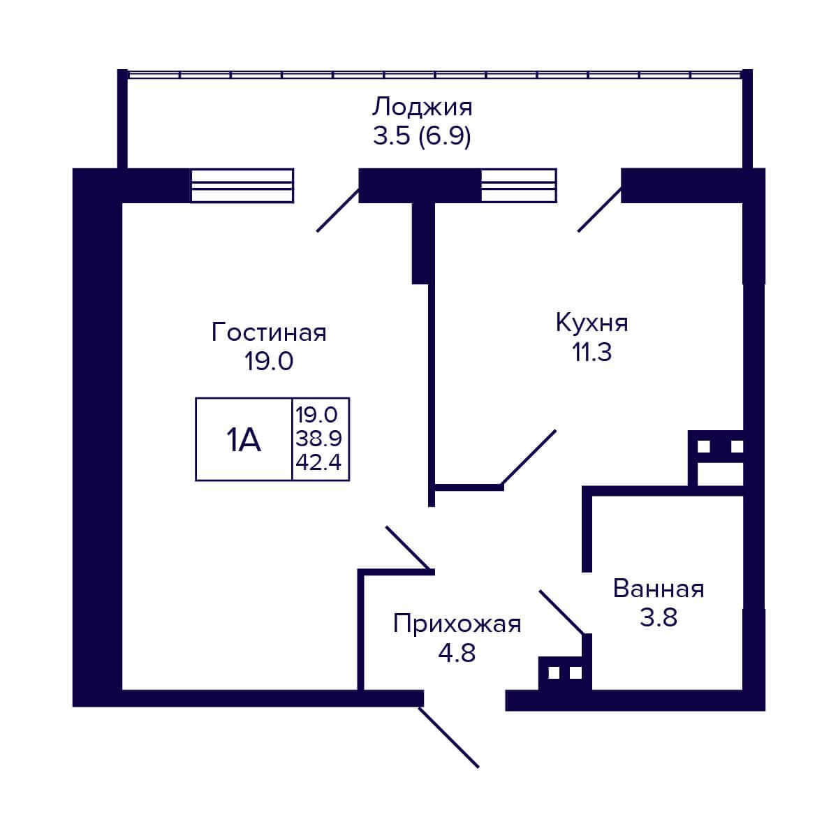 1-комнатная квартира 42.4м2 ЖК Gorizont