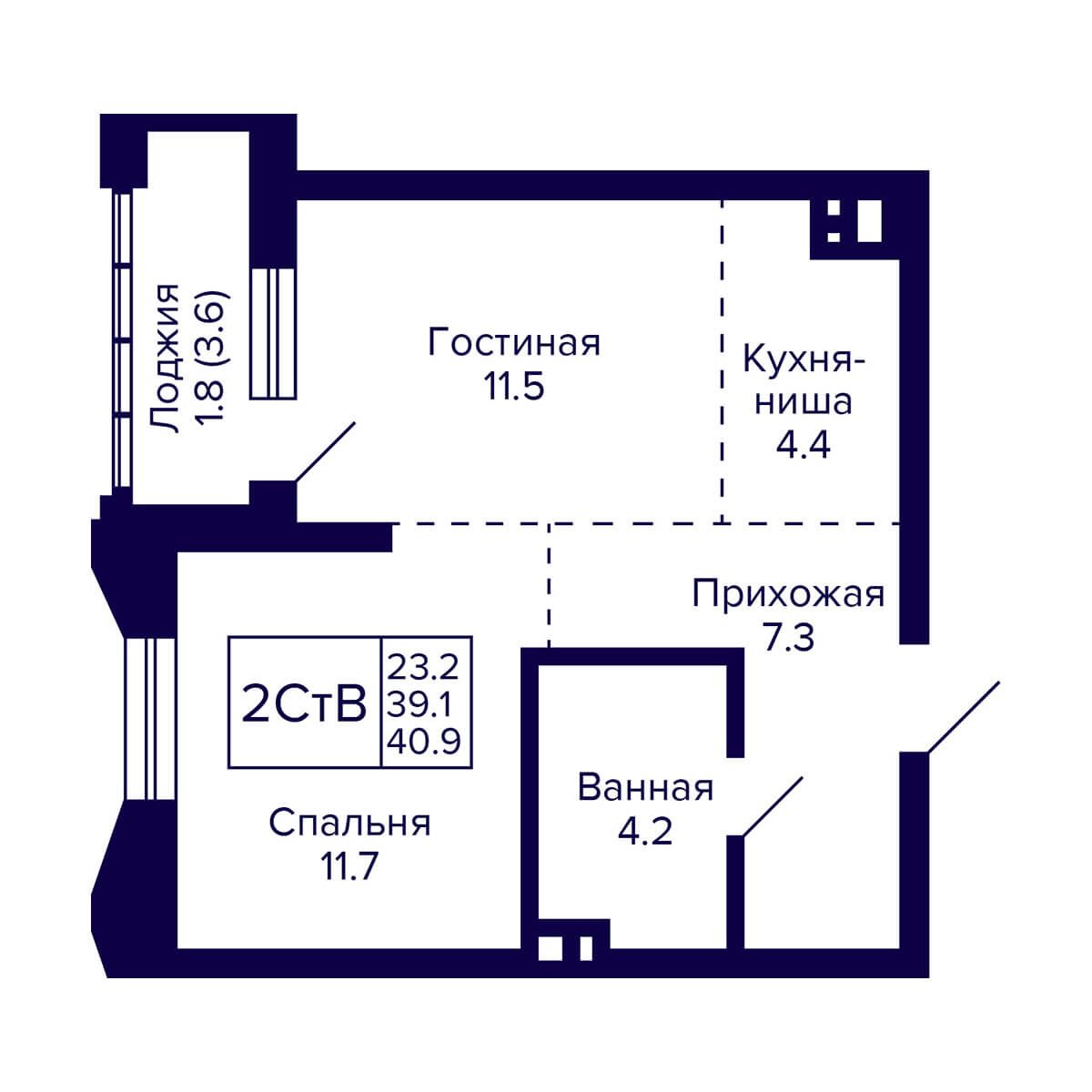 2-комнатная квартира 40.9м2 ЖК Grando