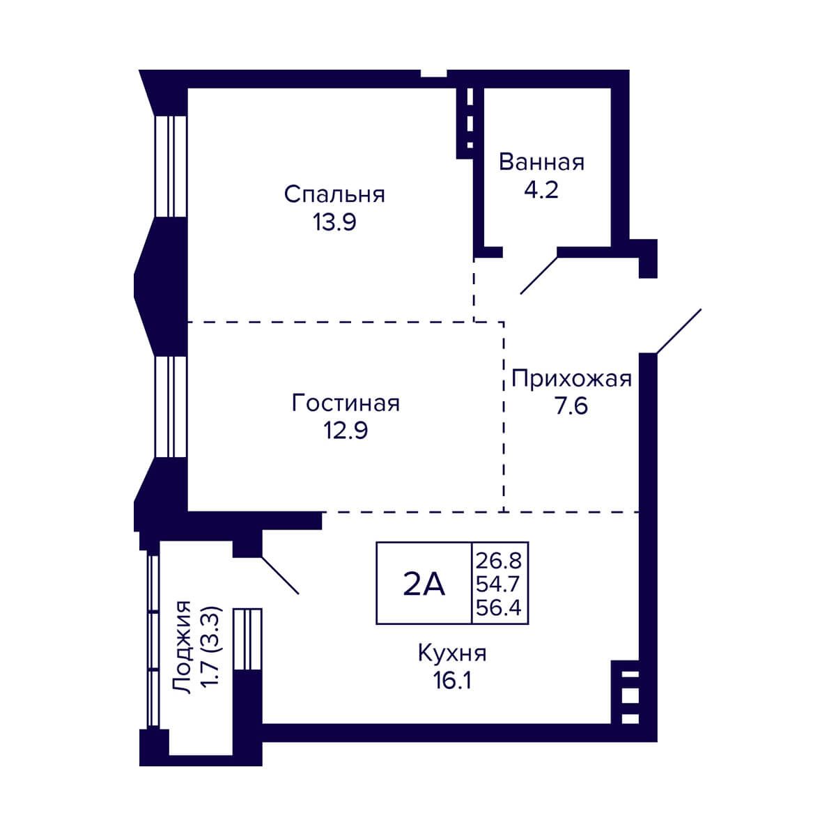 2-комнатная квартира 56.4м2 ЖК Grando