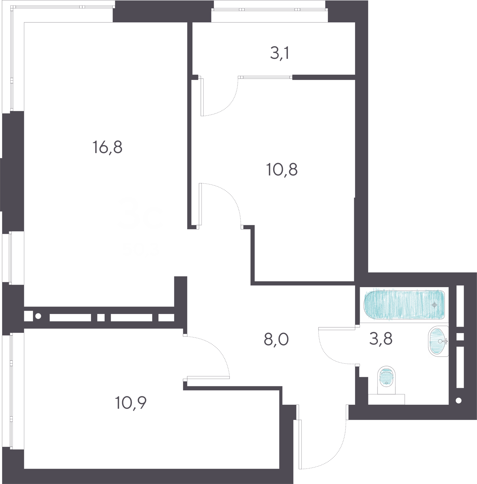 3-комнатная квартира 51.4м2 ЖК Ясный берег