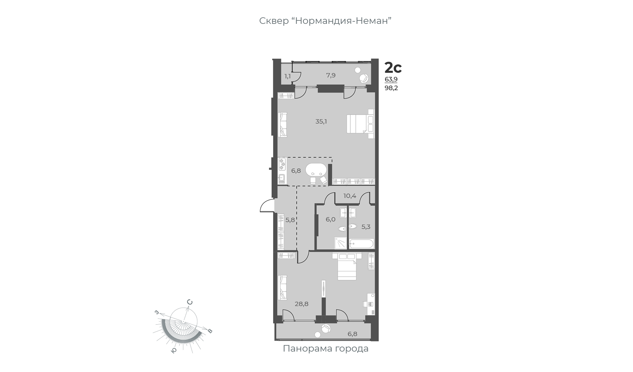 2-комнатная квартира 98.2м2 ЖК Нормандия-Неман