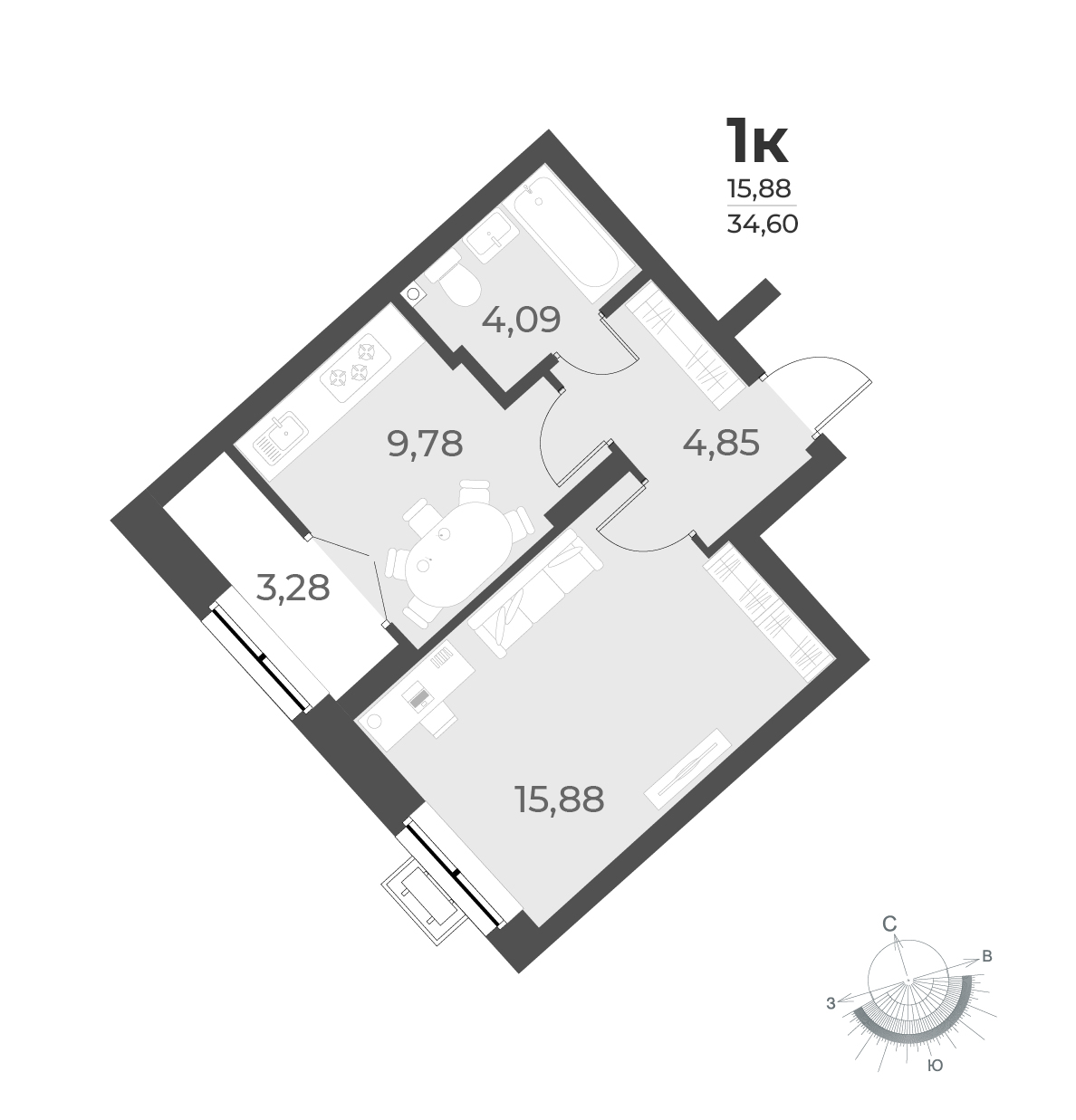 1-комнатная квартира 34.6м2 ЖК Рафинад