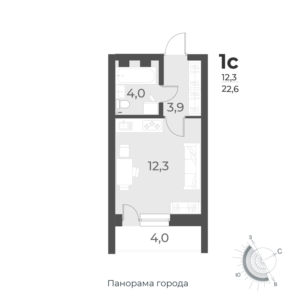 1-комнатная квартира 22.6м2 ЖК Нормандия-Неман