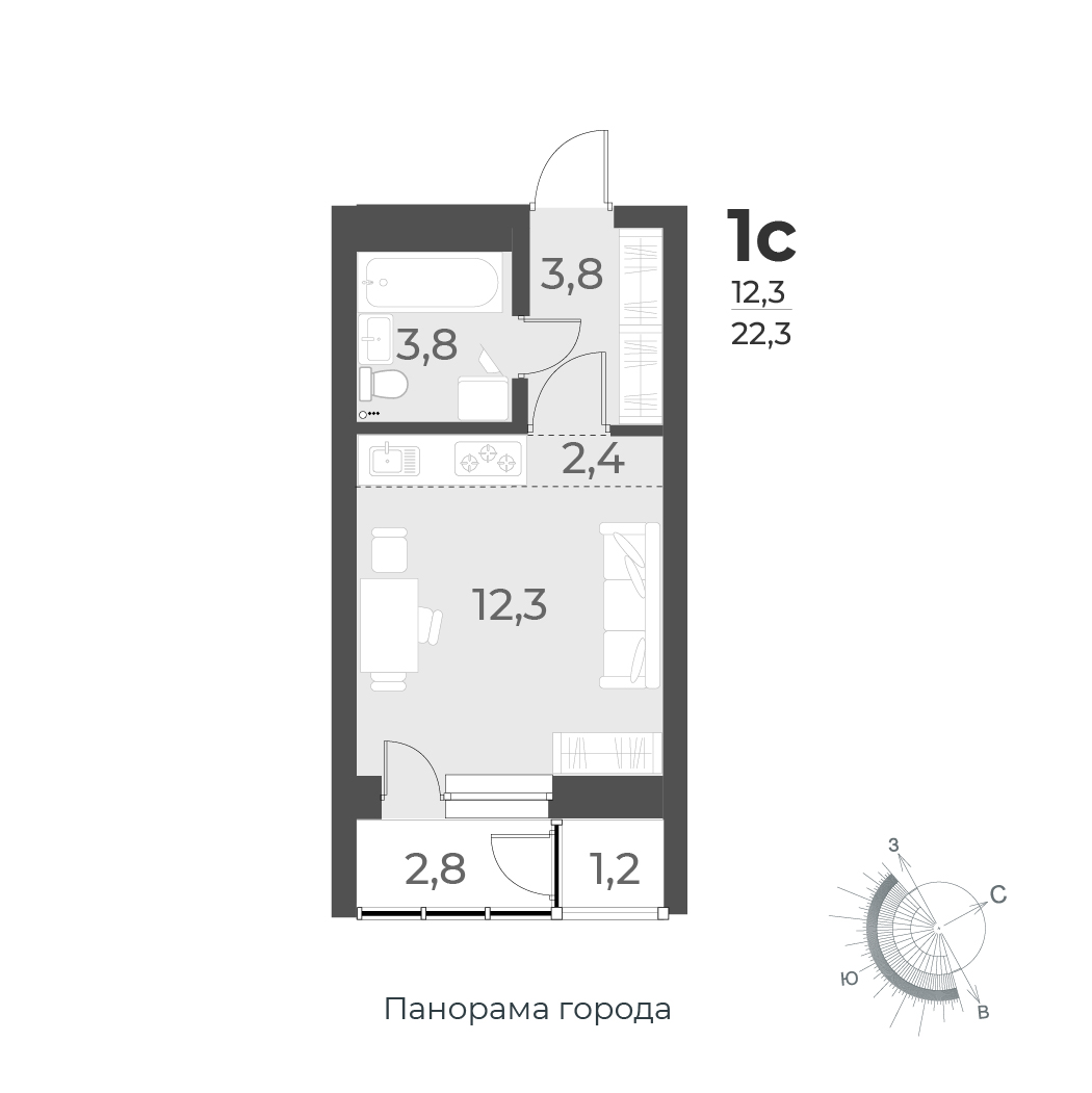 1-комнатная квартира 22.3м2 ЖК Нормандия-Неман