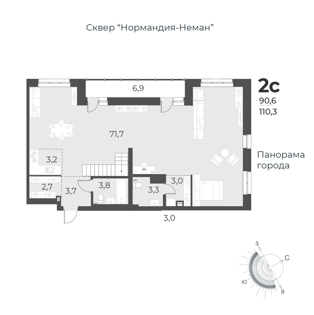 2-комнатная квартира 110.3м2 ЖК Нормандия-Неман