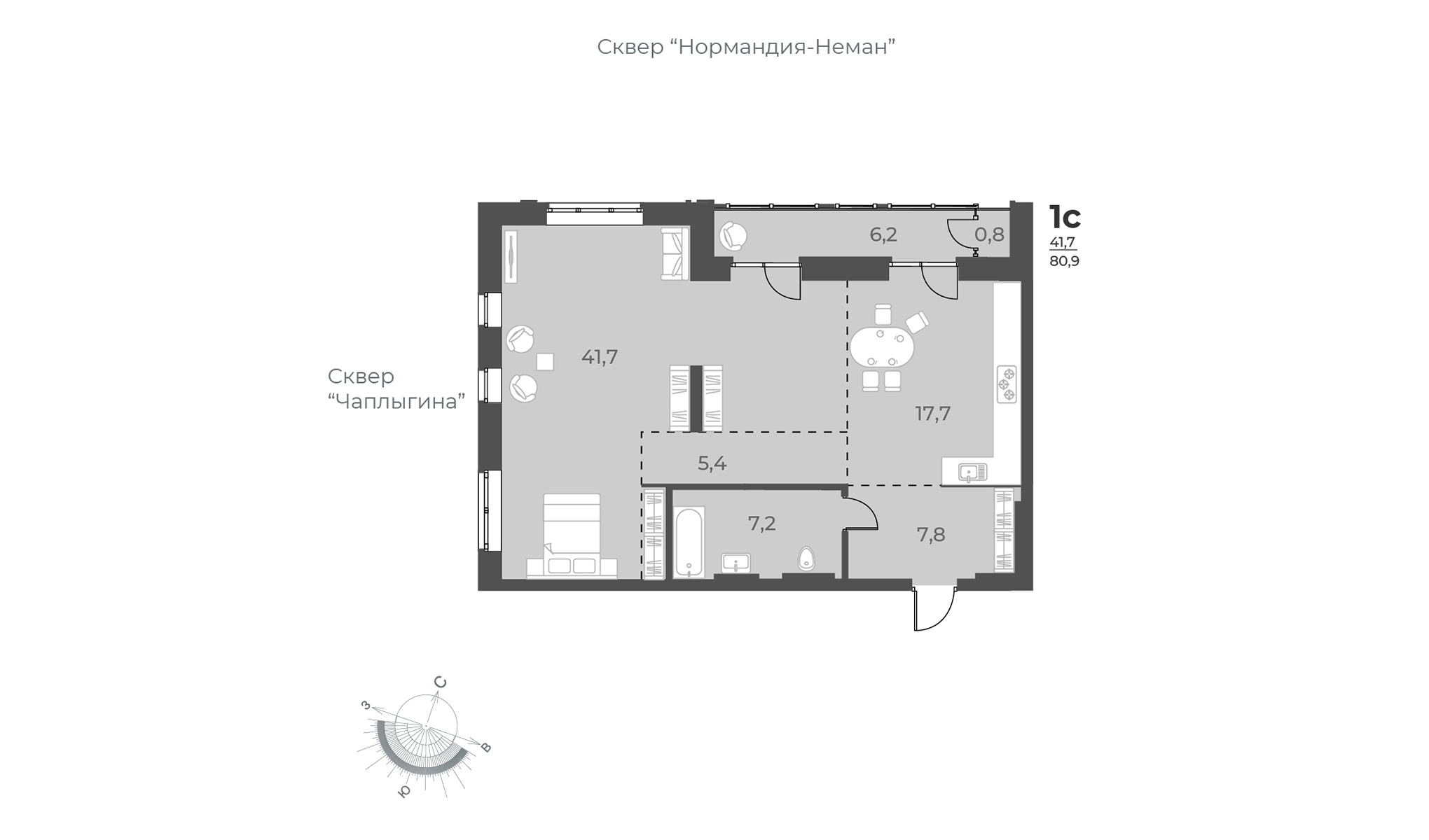 1-комнатная квартира 80.9м2 ЖК Нормандия-Неман