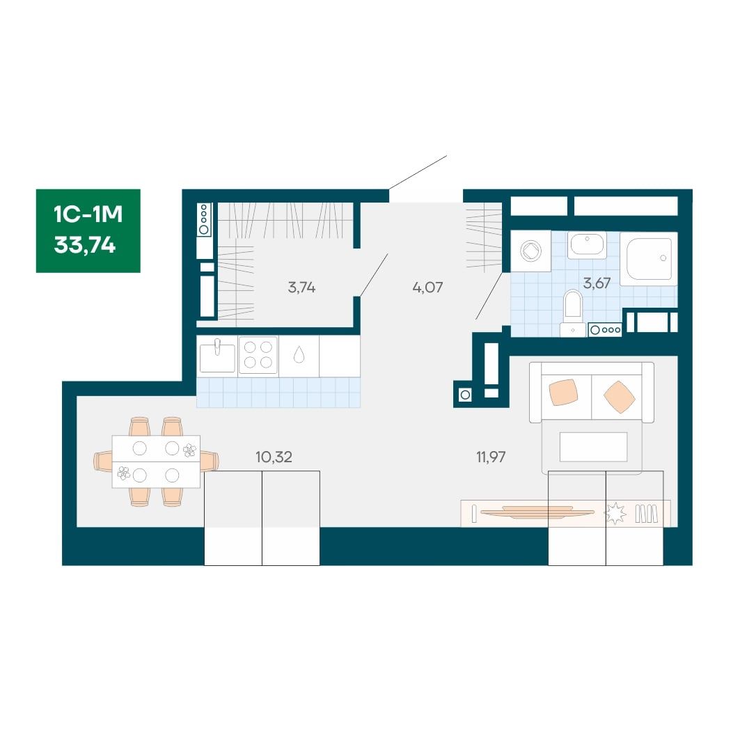 1-комнатная квартира 33.74м2 ЖК Akadem Klubb