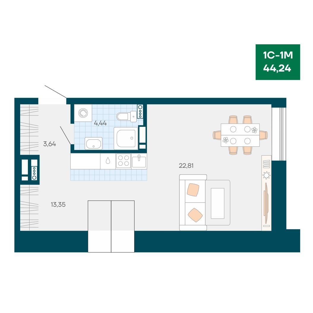 1-комнатная квартира 44.24м2 ЖК Akadem Klubb