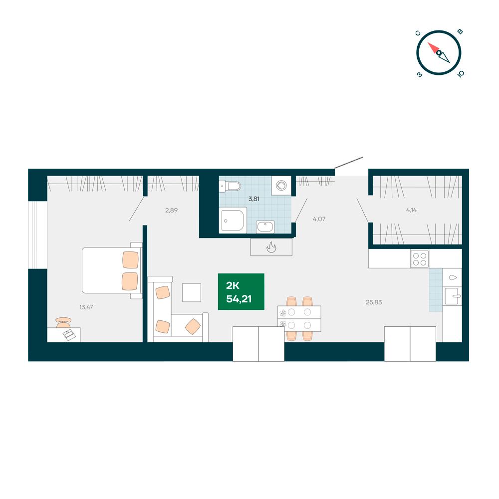 2-комнатная квартира 54.21м2 ЖК Akadem Klubb