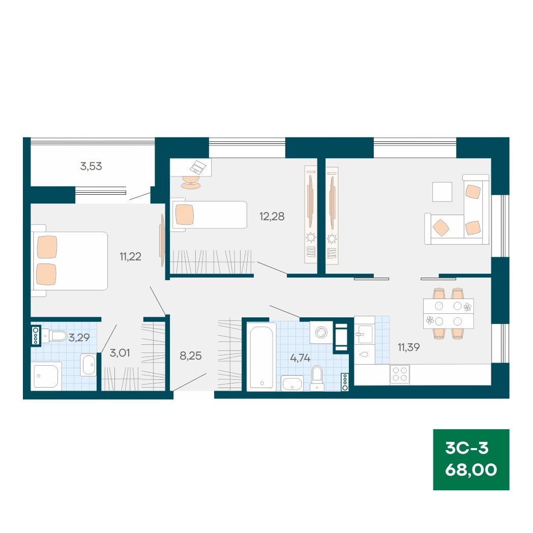 3-комнатная квартира 68м2 ЖК Akadem Klubb