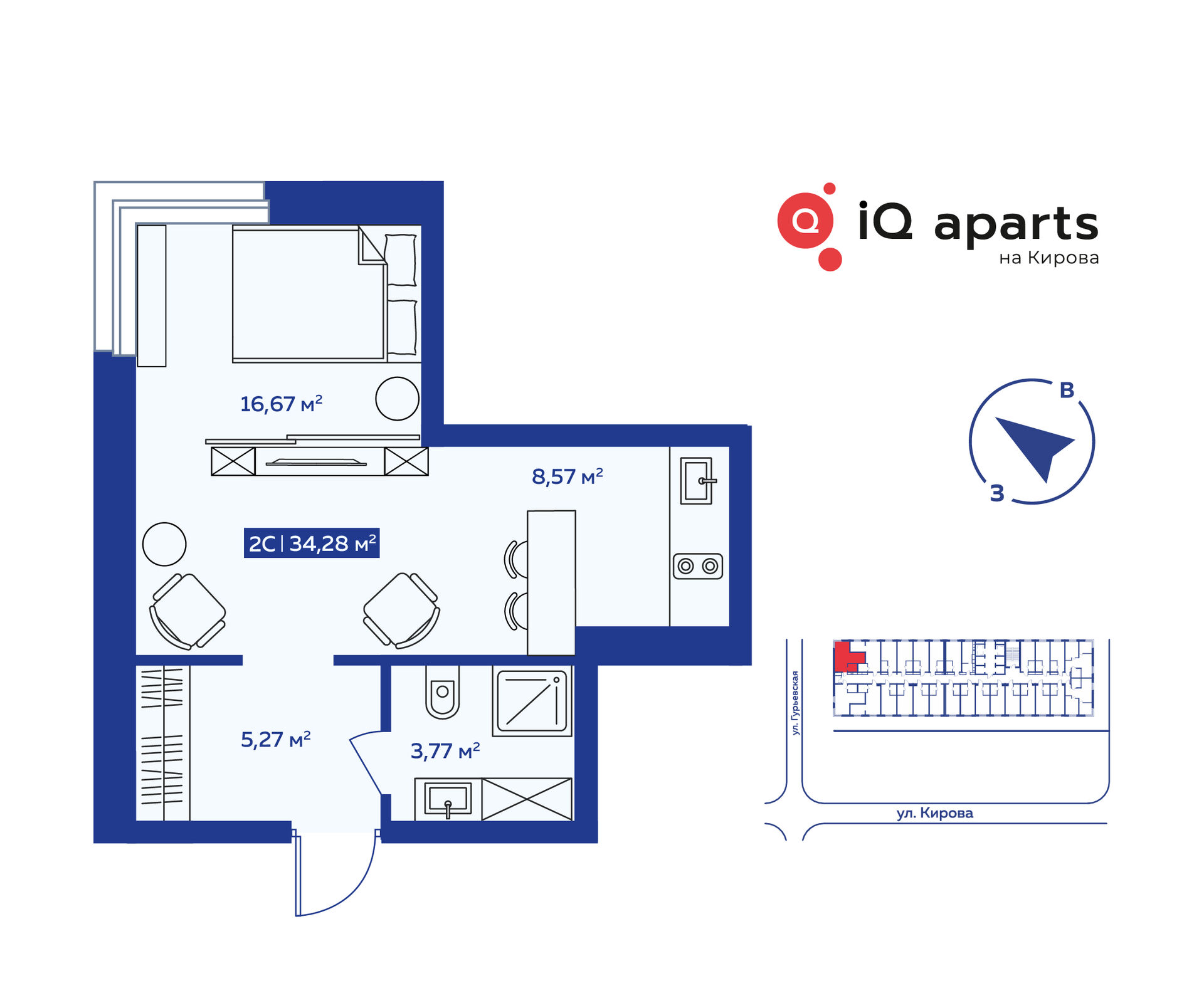 2-комнатная квартира 34.28м2 ЖК IQ Aparts