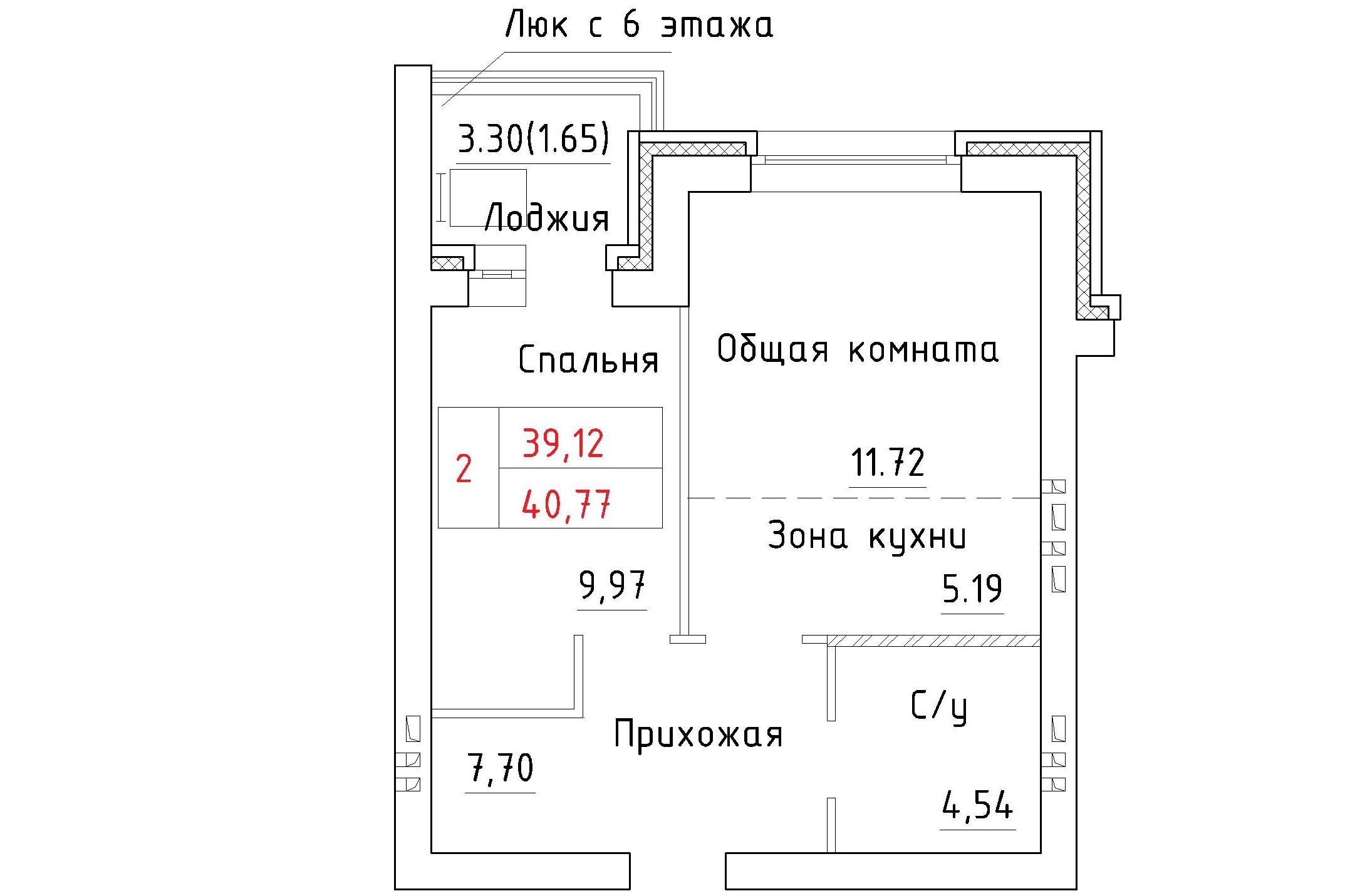 2-комнатная квартира 40.77м2 
