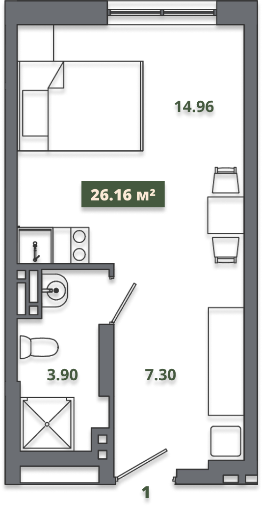 1-комнатная квартира 26.4м2 ЖК Место