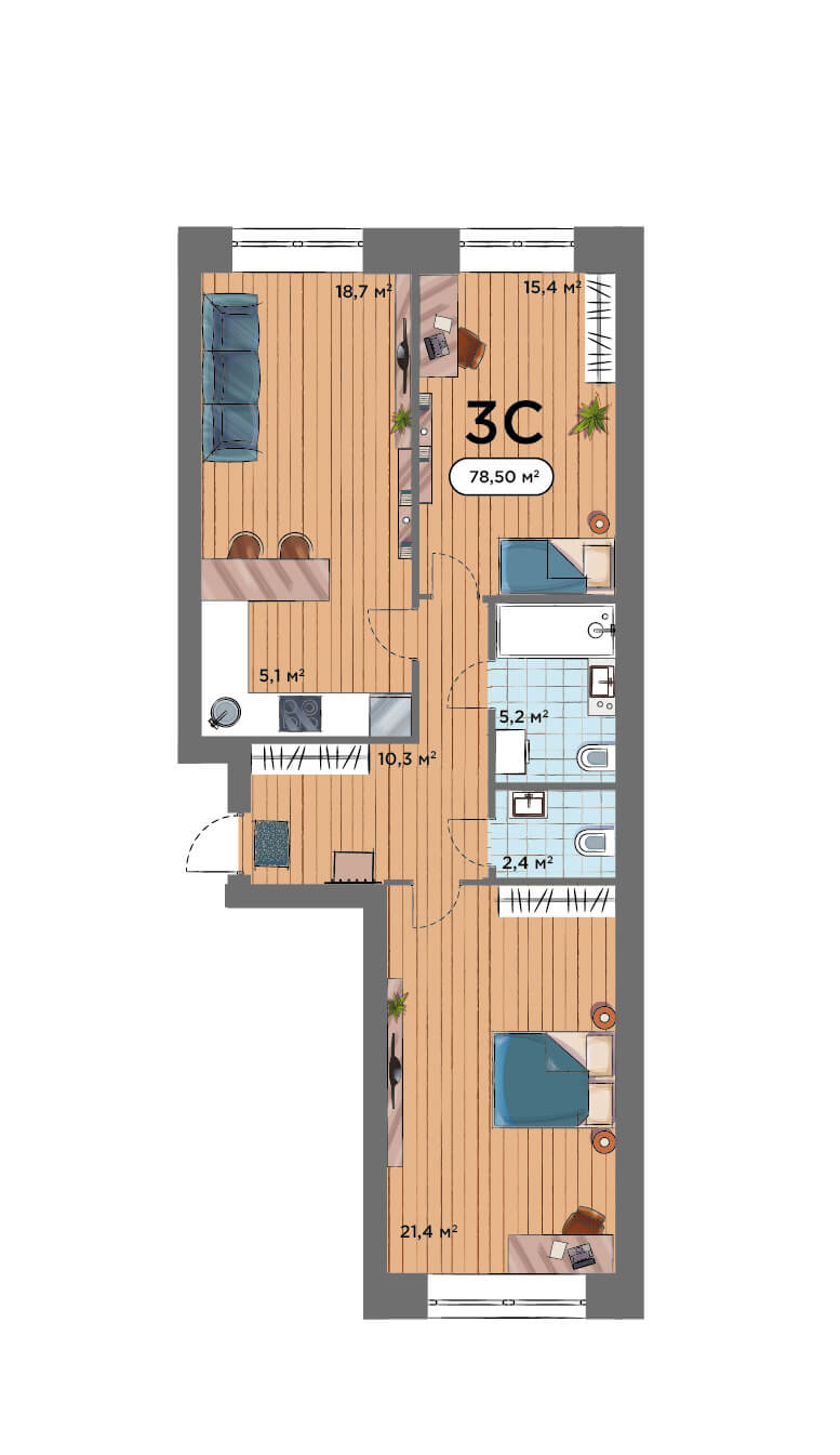 3-комнатная квартира 78.5м2 ЖК Smart Park