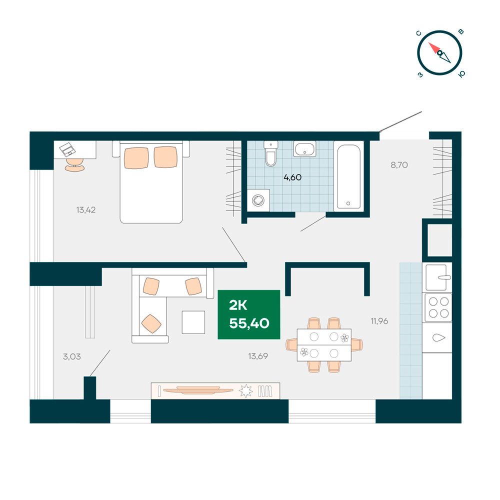 2-комнатная квартира 55.4м2 ЖК Akadem Klubb