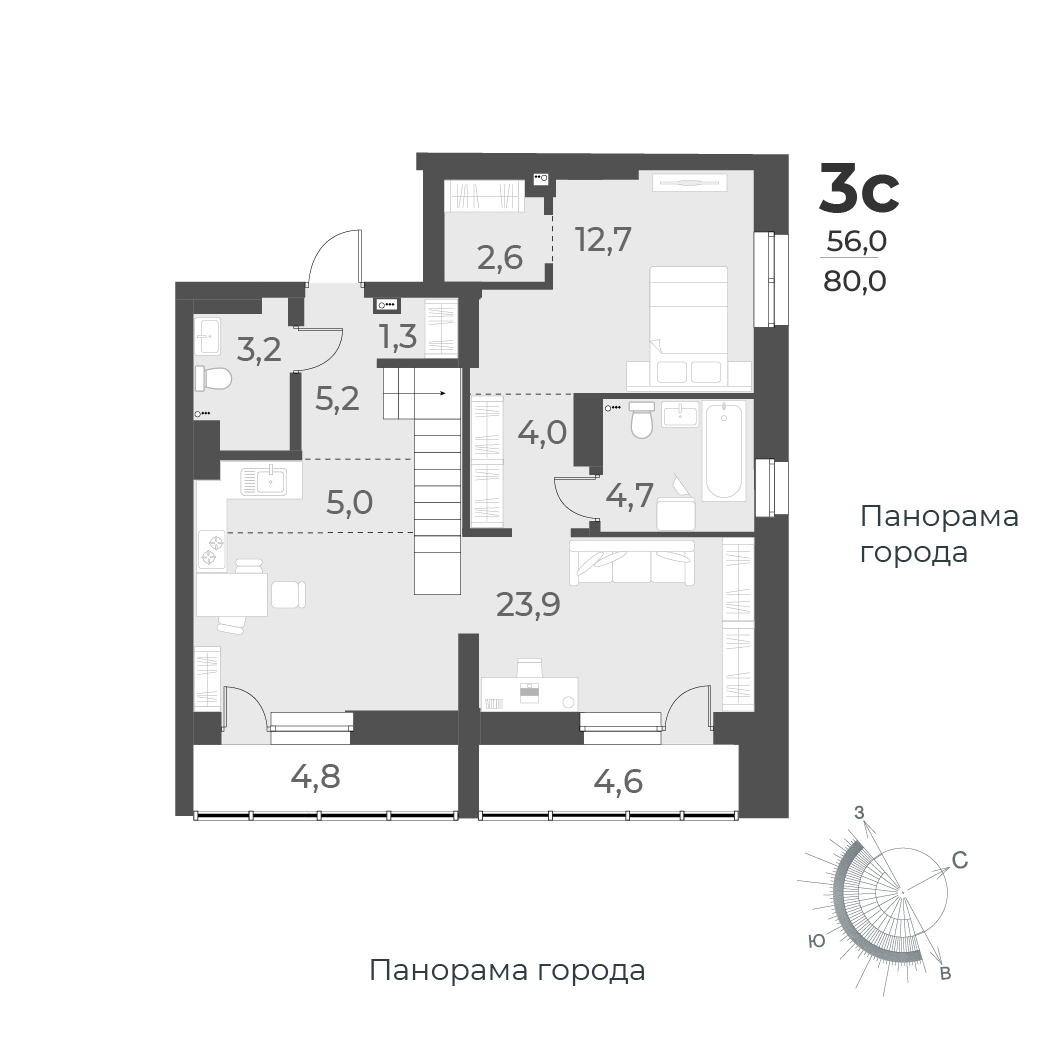 3-комнатная квартира 80м2 ЖК Нормандия-Неман