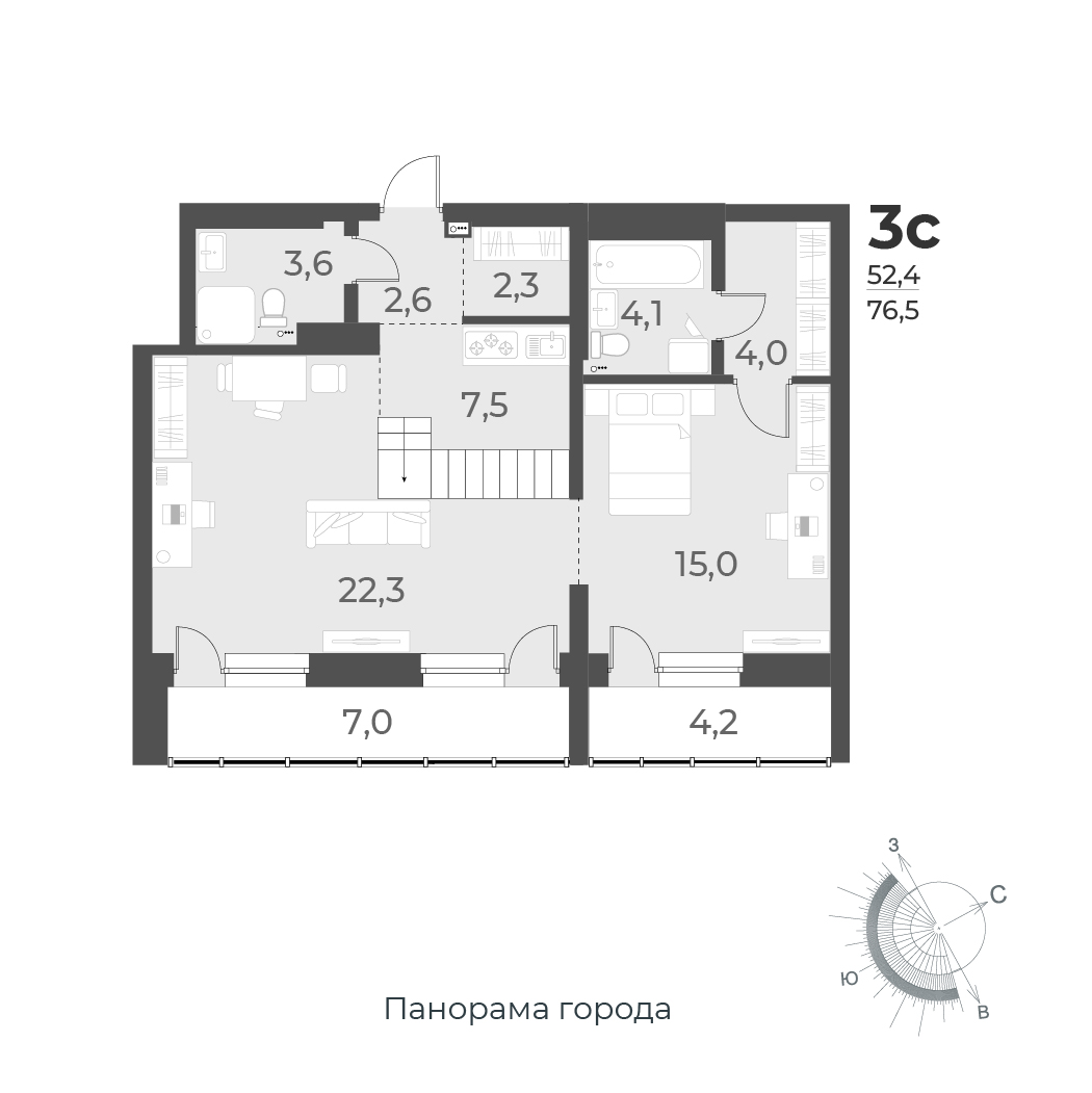 3-комнатная квартира 76.5м2 ЖК Нормандия-Неман