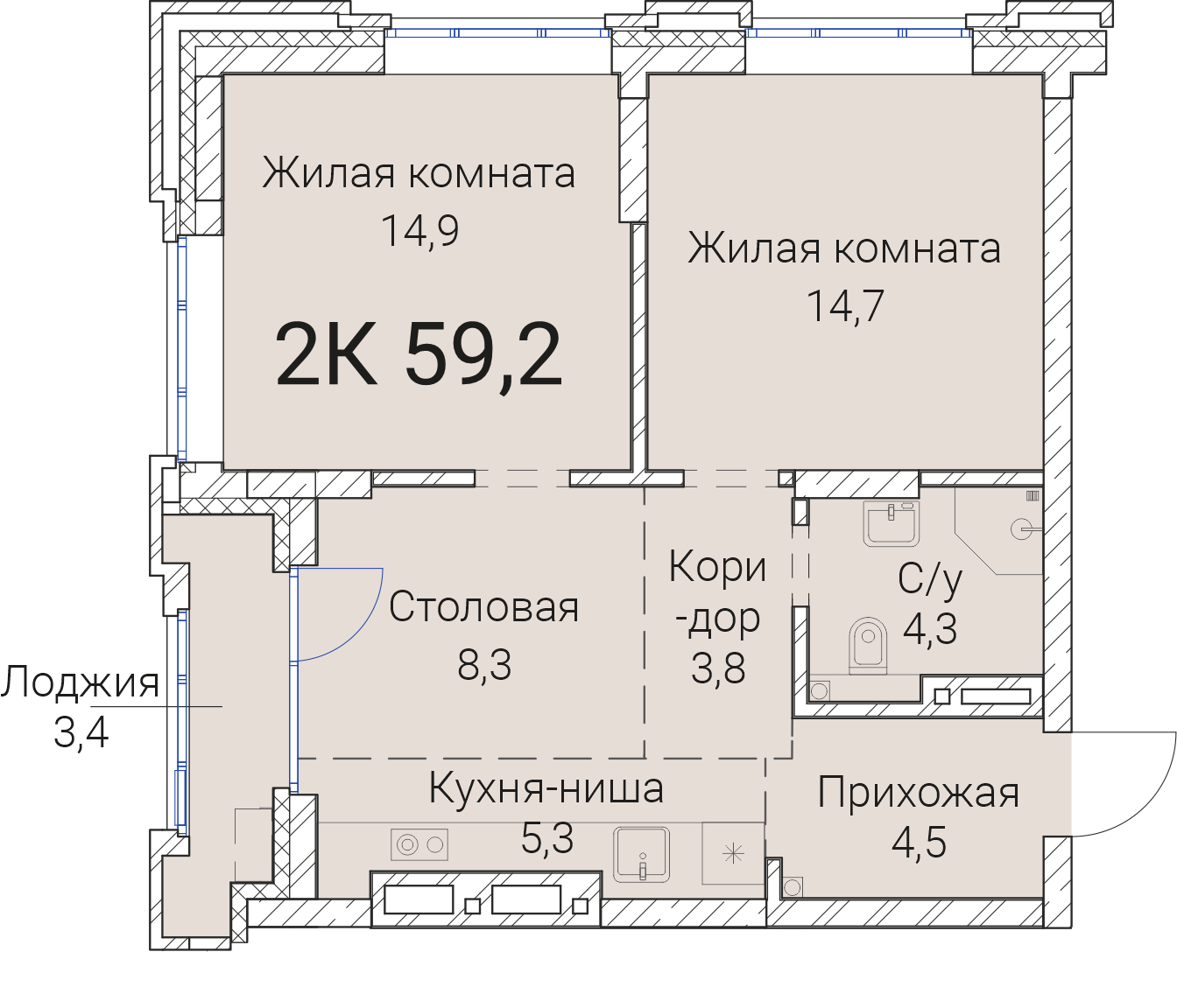 3-комнатная квартира 59.2м2 ЖК Тайм Сквер