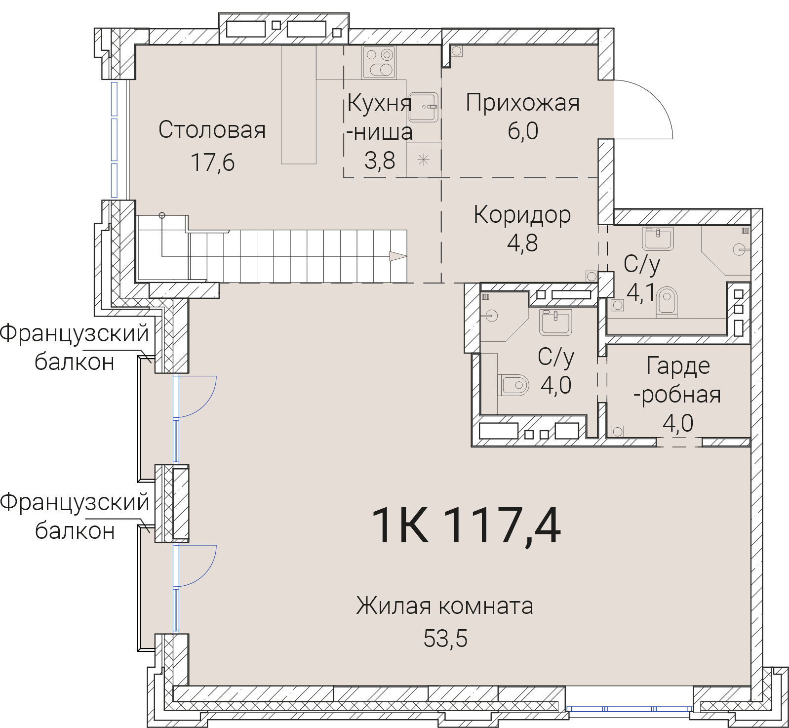 4-комнатная квартира 117.4м2 ЖК Тайм Сквер