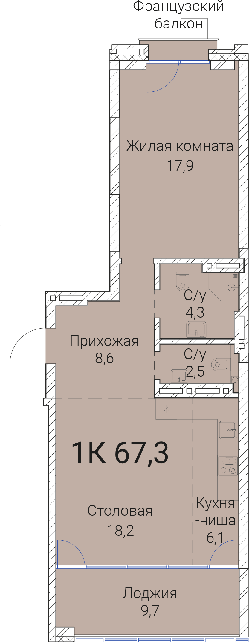 2-комнатная квартира 67.3м2 ЖК Тайм Сквер