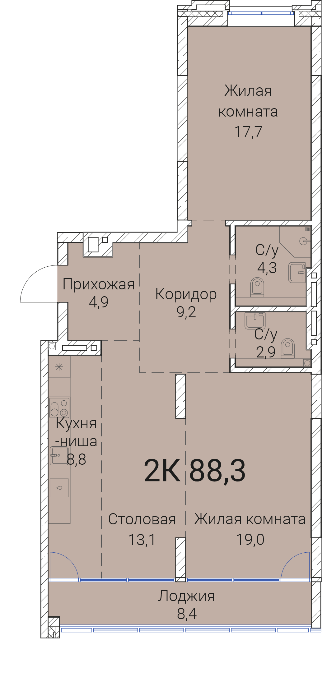 3-комнатная квартира 88.3м2 ЖК Тайм Сквер