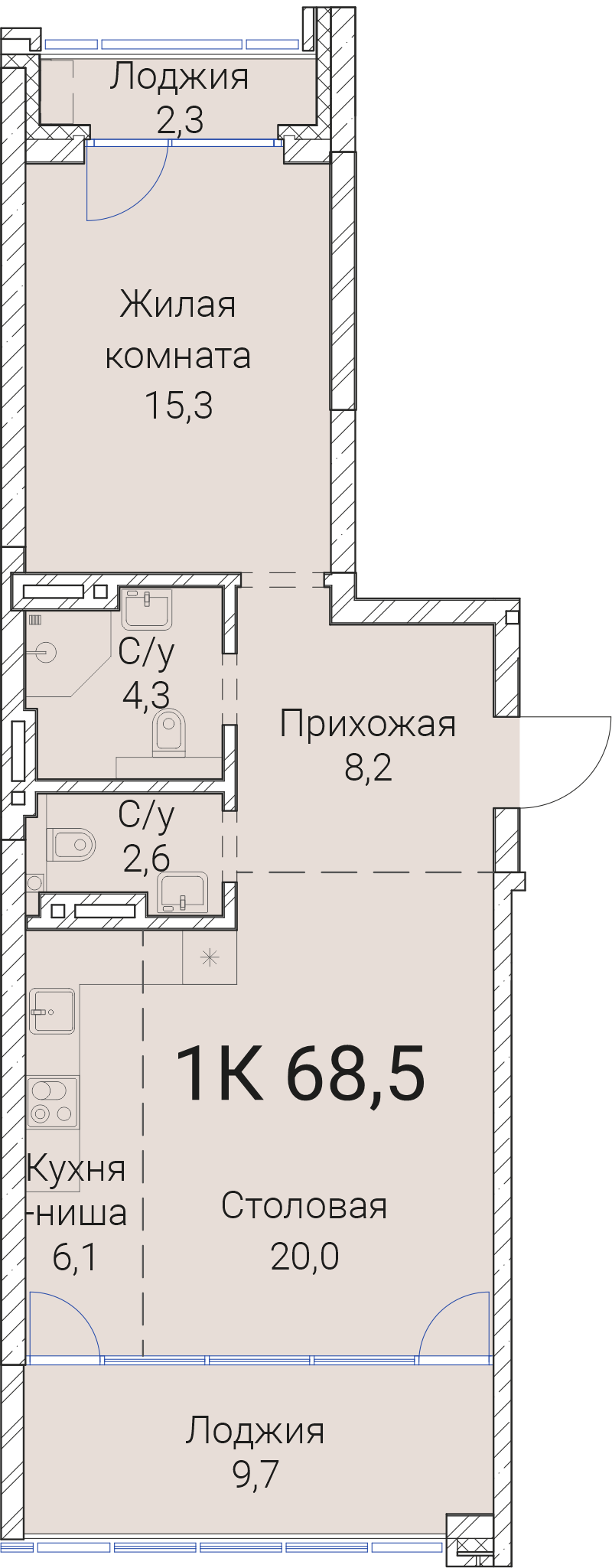 2-комнатная квартира 68.5м2 ЖК Тайм Сквер