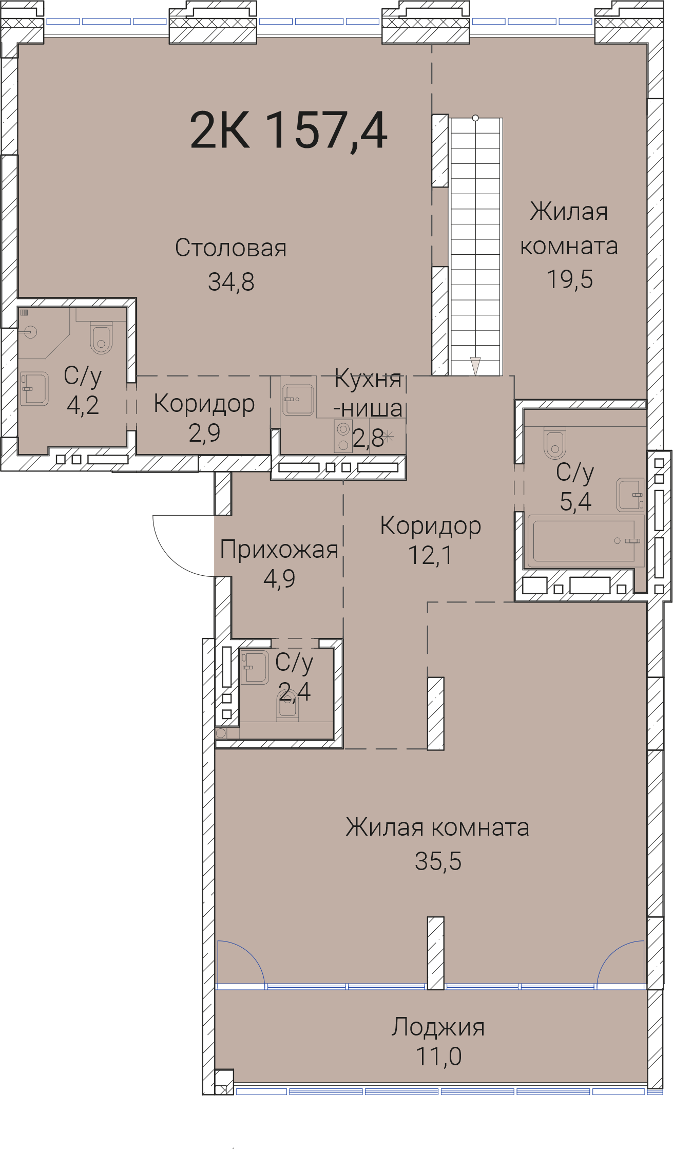 5-комнатная квартира 157.4м2 ЖК Тайм Сквер