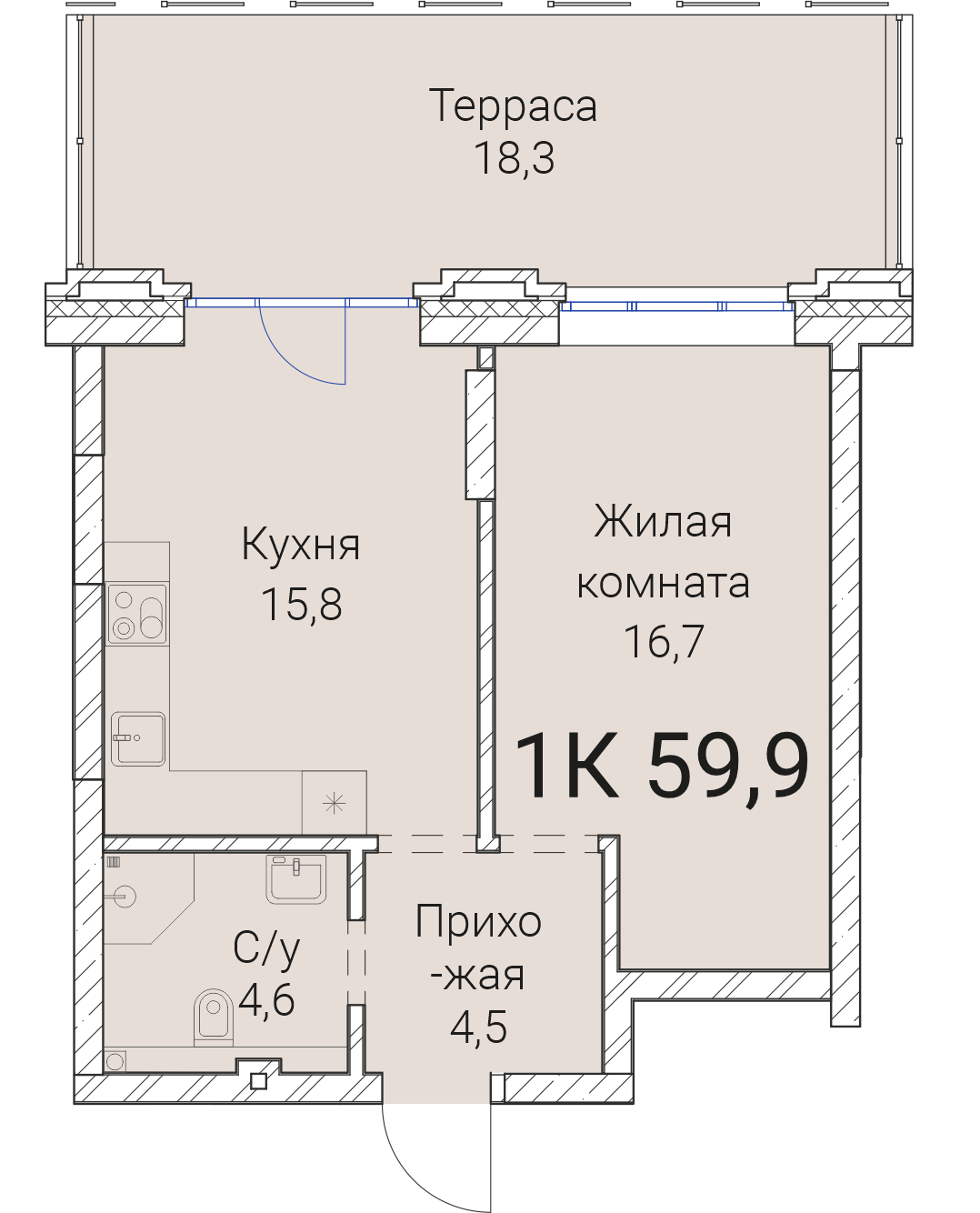 1-комнатная квартира 59.9м2 ЖК Тайм Сквер