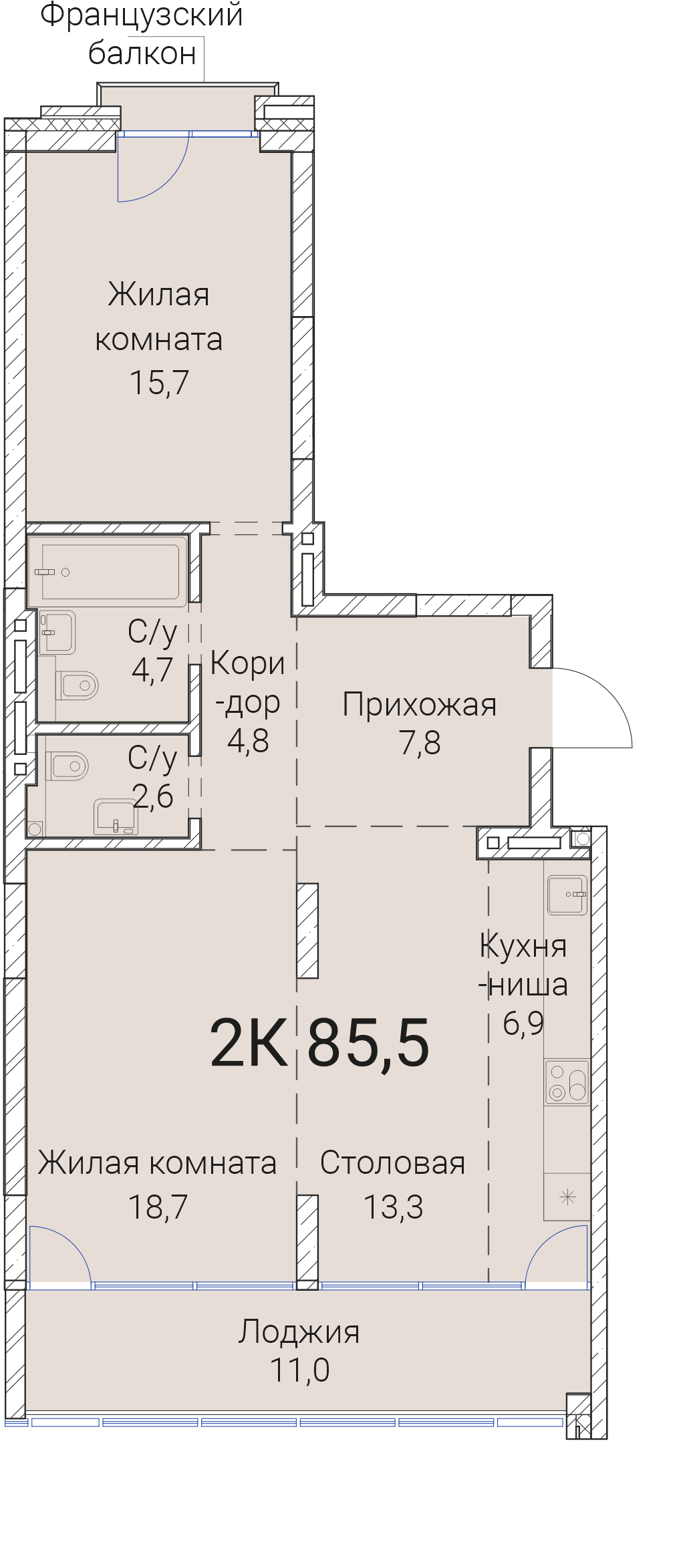 3-комнатная квартира 85.5м2 ЖК Тайм Сквер