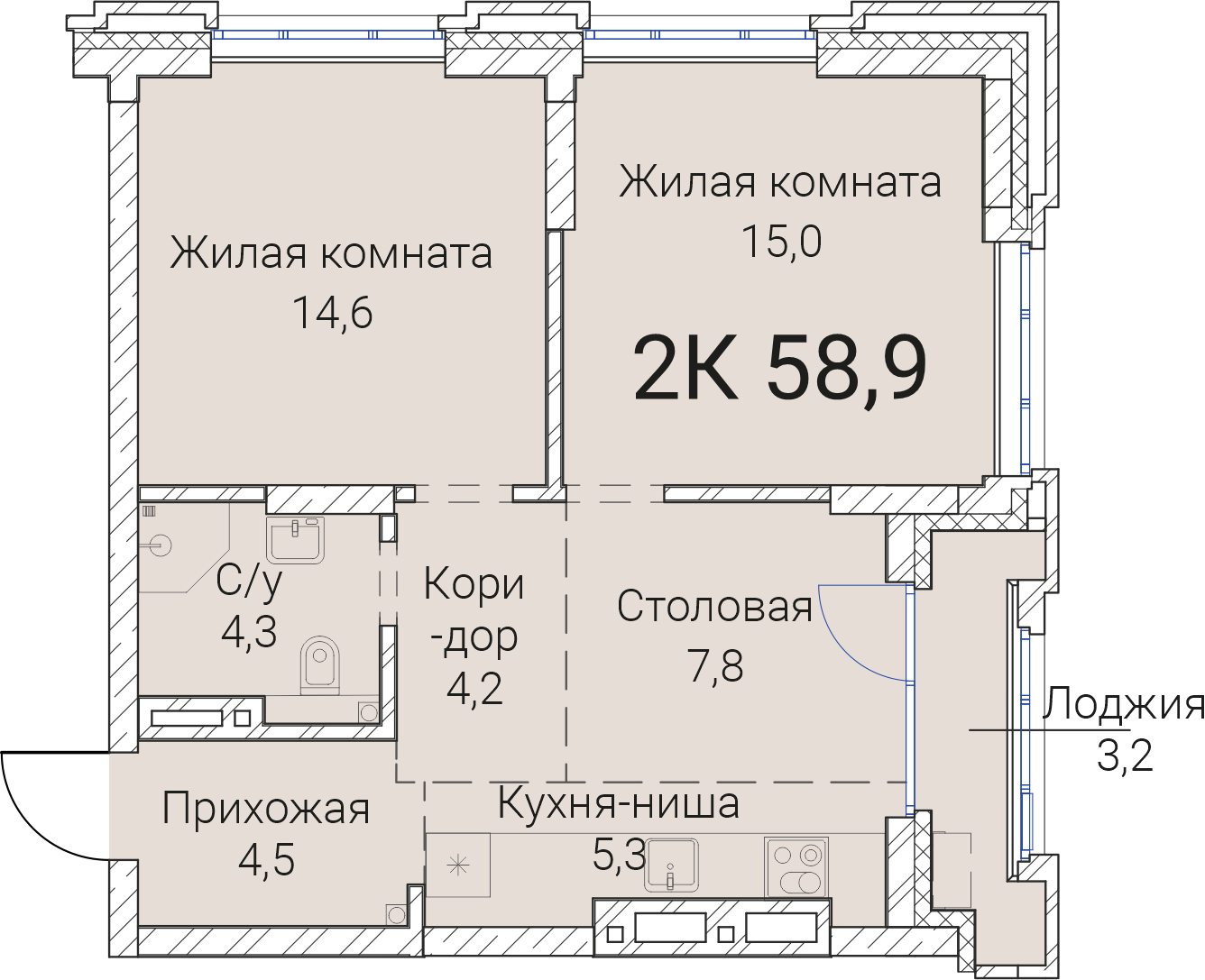 3-комнатная квартира 58.9м2 ЖК Тайм Сквер