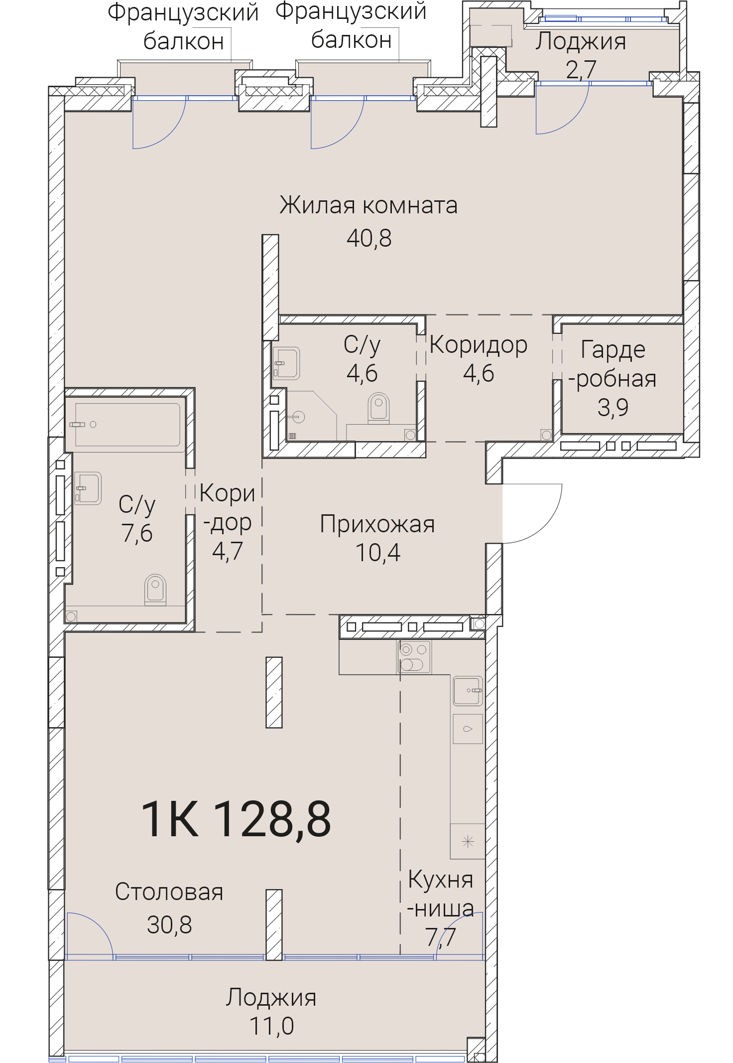 4-комнатная квартира 128.8м2 ЖК Тайм Сквер
