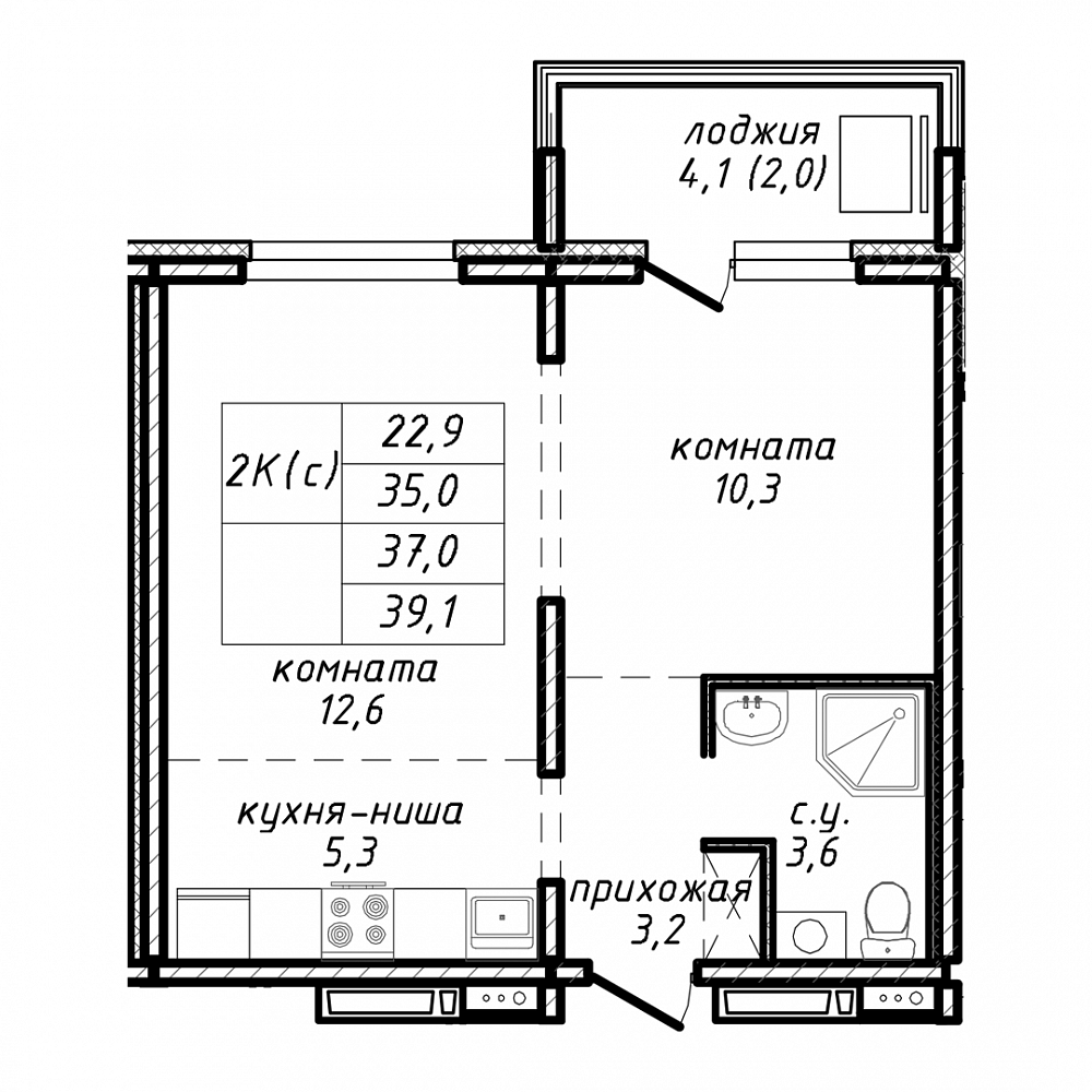 2-комнатная квартира 37м2 ЖК Азимут