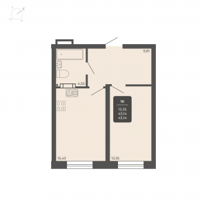 1-комнатная квартира 43.14м2 Апартаментах Nova apart