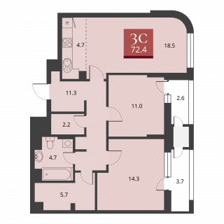 3-комнатная квартира 72.4м2 ЖК Беринг