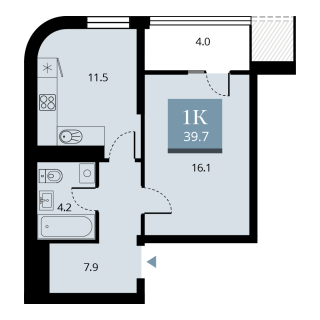1-комнатная квартира 39.7м2 ЖК Беринг