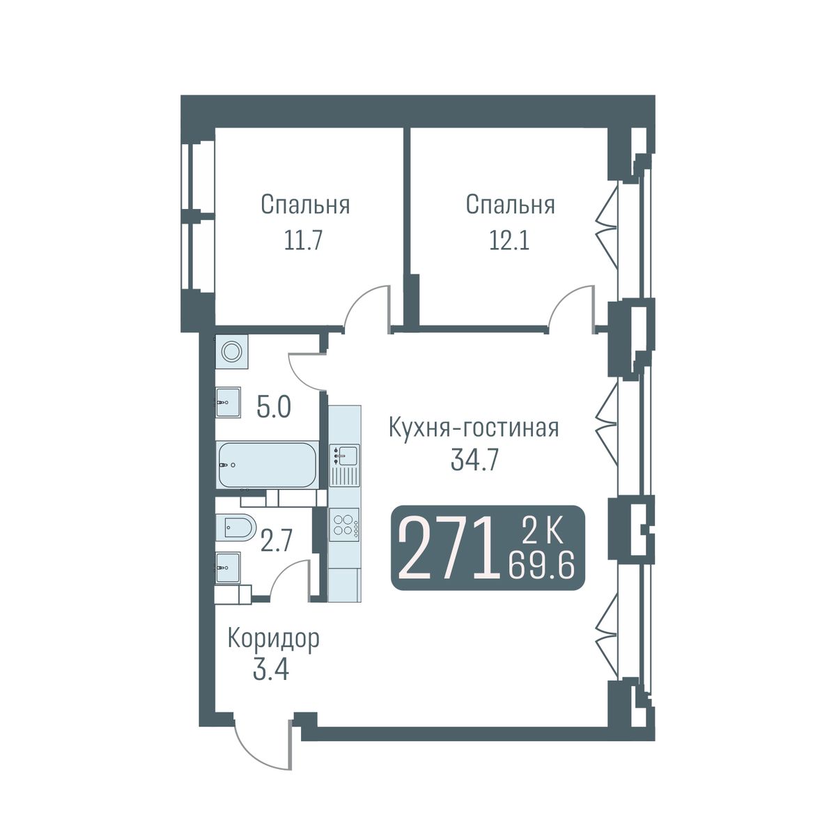 2-комнатная квартира 69.6м2 ЖК Кварталы Немировича